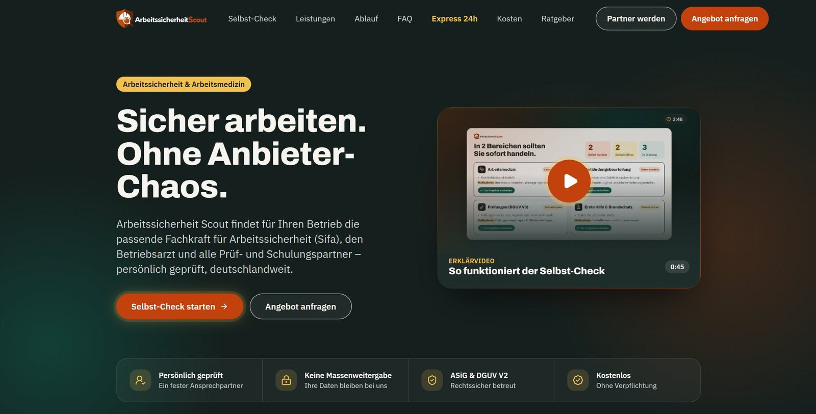 Startseite von arbeitssicherheitscout.de: Sicher arbeiten. Ohne Anbieter-Chaos.